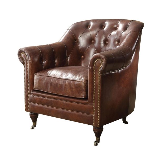 34" Brown Top Grain Leather Tufted Chesterfield Chair - Image 3