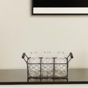 8.5" Set of Three Glass Bottles in Brown Wire Basket