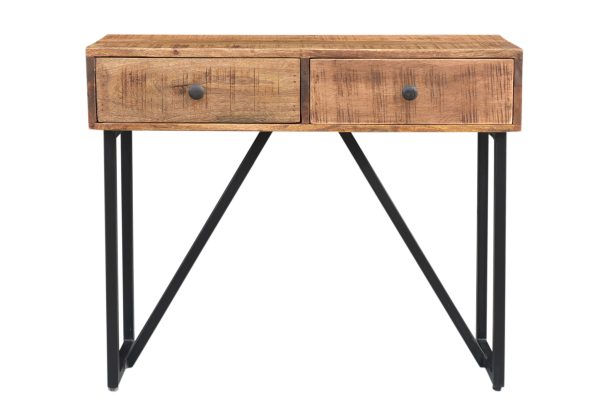 36" Natural and Black Solid Wood Distressed Frame Console Table And Drawers - Image 2