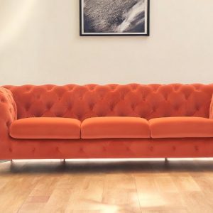 97" Orange Fabric Chesterfield Sofa With Silver Legs
