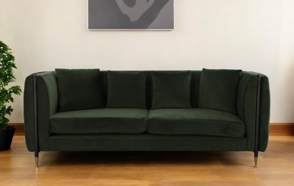 84" Dark Green Velvet Sofa With Black and Gold Legs - Image 2