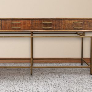 72" Brown and Brass Solid Wood Distressed Six Leg Console Table With Four Drawers