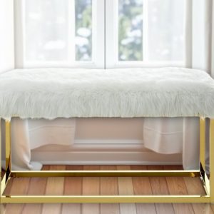 40" White and Gold Faux Fur Upholstered Bench