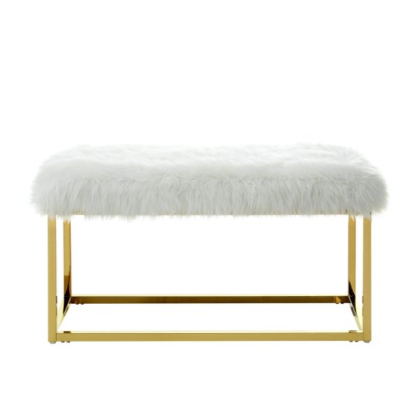 40" White and Gold Faux Fur Upholstered Bench - Image 2
