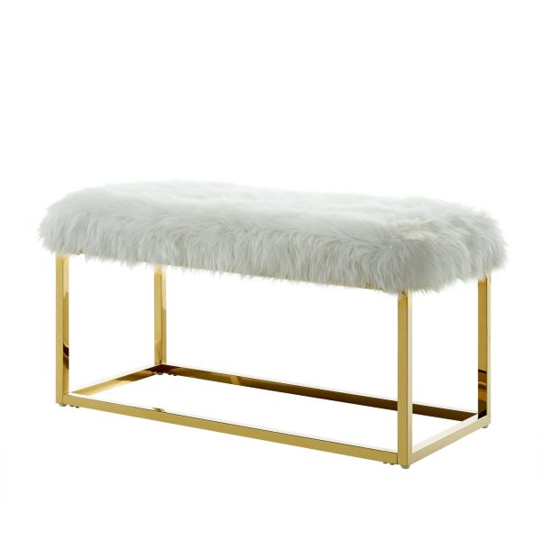 40" White and Gold Faux Fur Upholstered Bench - Image 3