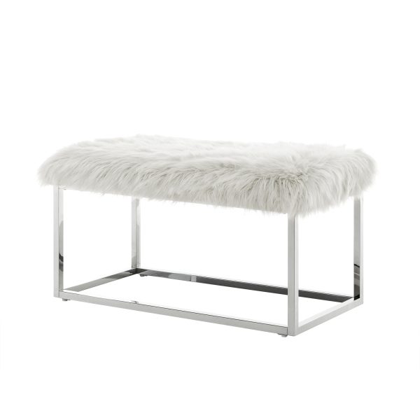 40" White And Silver Upholstered Faux Fur Bench