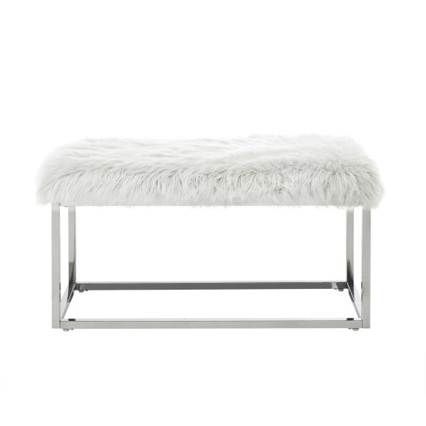 40" White And Silver Upholstered Faux Fur Bench - Image 2