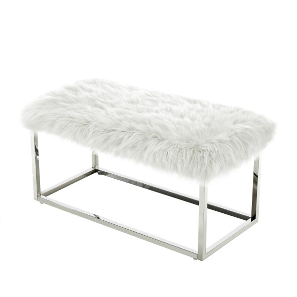 40" White And Silver Upholstered Faux Fur Bench - Image 3