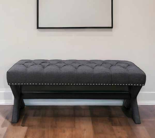 45" Dark Gray Upholstered Linen Bench