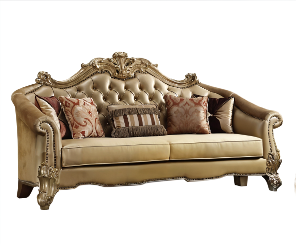 89" Bone Faux Leather Sofa And Toss Pillows With Gold Legs - Image 2