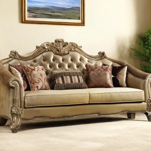 89" Bone Faux Leather Sofa And Toss Pillows With Gold Legs