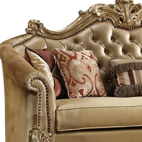 89" Bone Faux Leather Sofa And Toss Pillows With Gold Legs - Image 3