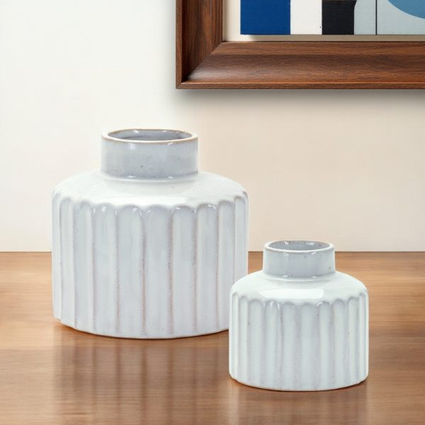 Set of Two White Ribbed Round Porcelain Table Vase - Image 2