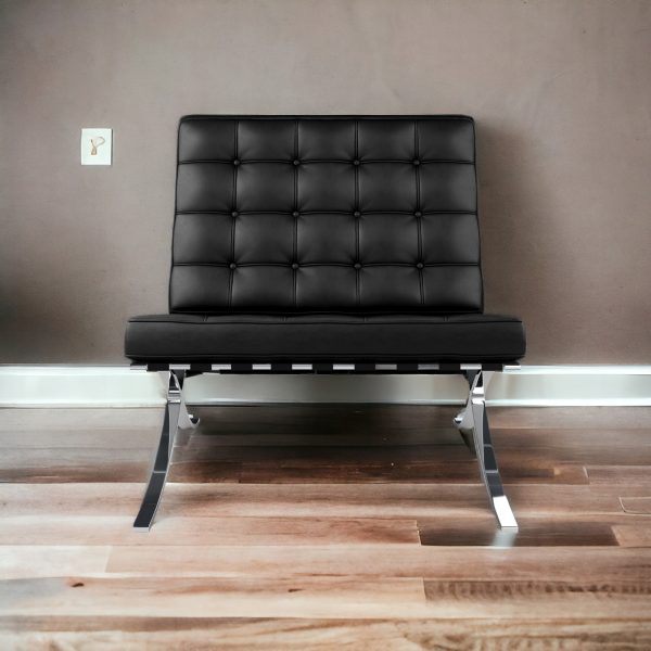 32" Black and Silver Italian Leather Tufted Lounge Chair - Image 2