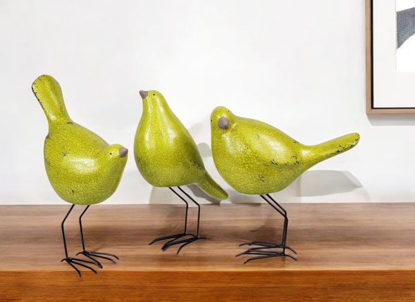 Set of Three Lemongrass Green Polyresin and Metal Bird Sculptures - Image 2