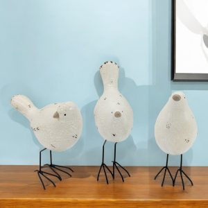 Set of Three Black and White Fabric Bird Statue Tabletop Sculpture