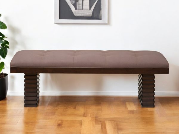 59" Latte and Espresso Linen Blend Upholstered Dining Bench - Image 2