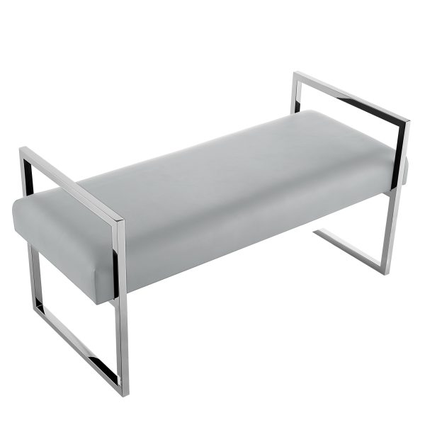 21" Gray and Silver Upholstered Faux Leather Bench - Image 2