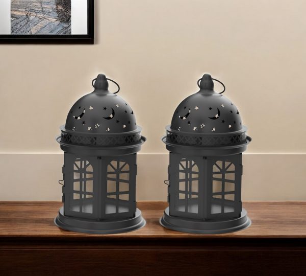 Set of Two Black Metal Celestial Tabletop Lantern Candle Holders - Image 2