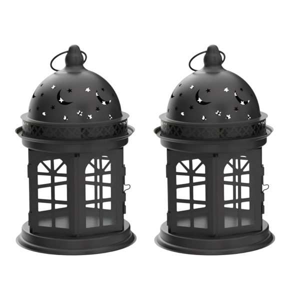 Set of Two Black Metal Celestial Tabletop Lantern Candle Holders - Image 3