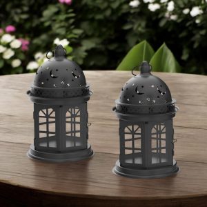 Set of Two Black Metal Celestial Tabletop Lantern Candle Holders