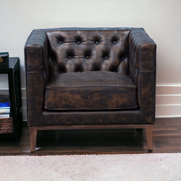 33" Brown and Black Antiqued Top Grain Leather Tufted Club Chair - Image 2