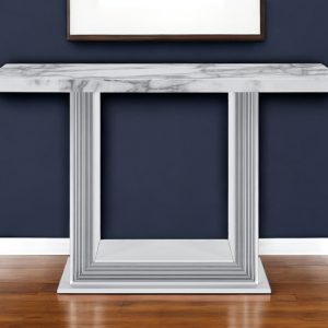 26" White and Silver Faux Marble Frame Console Table