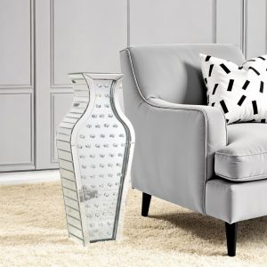 28" Silver Urn Mirrored Glass Floor Vase With Crystals