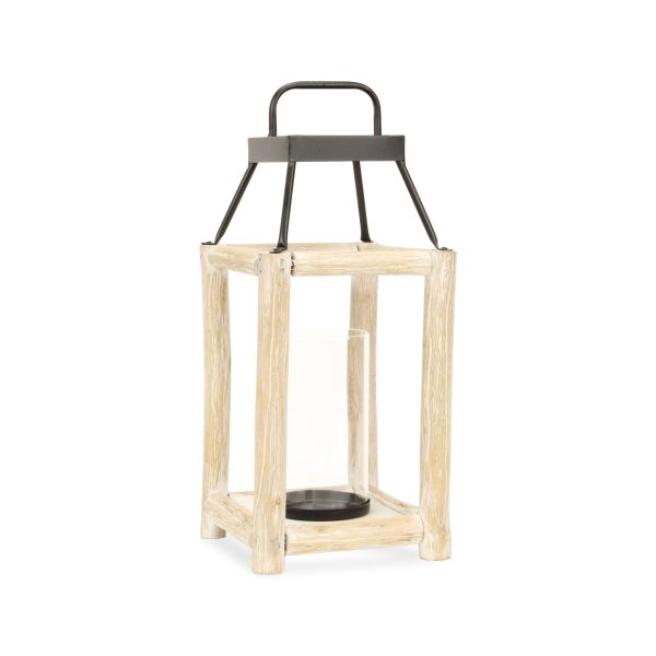 18" Natural And Black Glass Metal And Wood Tabletop Lantern Candle Holder - Image 2