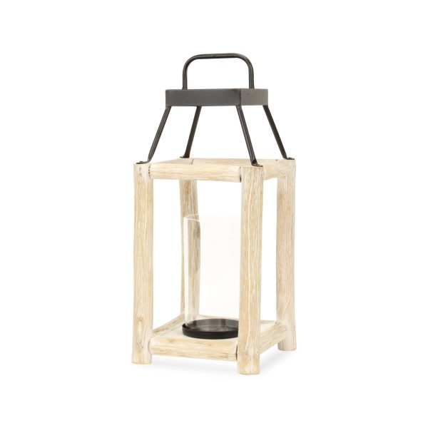 18" Natural And Black Glass Metal And Wood Tabletop Lantern Candle Holder - Image 3