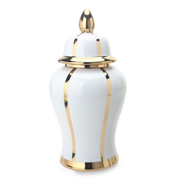 14" White and Gold Striped Urn Ceramic Ginger Jar - Image 2