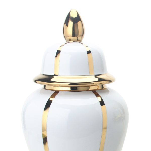 14" White and Gold Striped Urn Ceramic Ginger Jar - Image 3