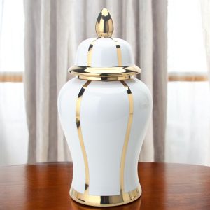 14" White and Gold Striped Urn Ceramic Ginger Jar