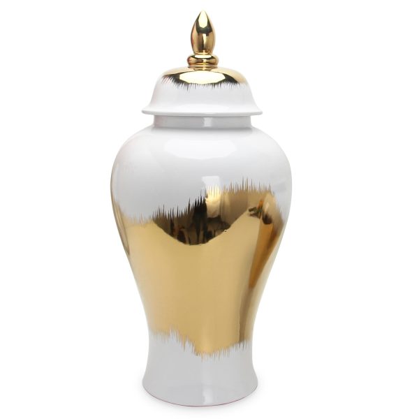 12" White And Gold Modern Abstract Urn Ceramic Ginger Jar - Image 2