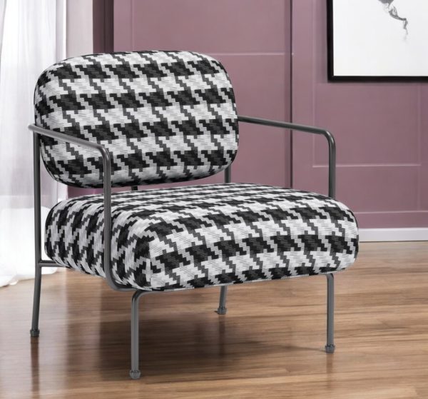 29" Black And White And Black Upholstered Houndstooth Arm Chair - Image 2