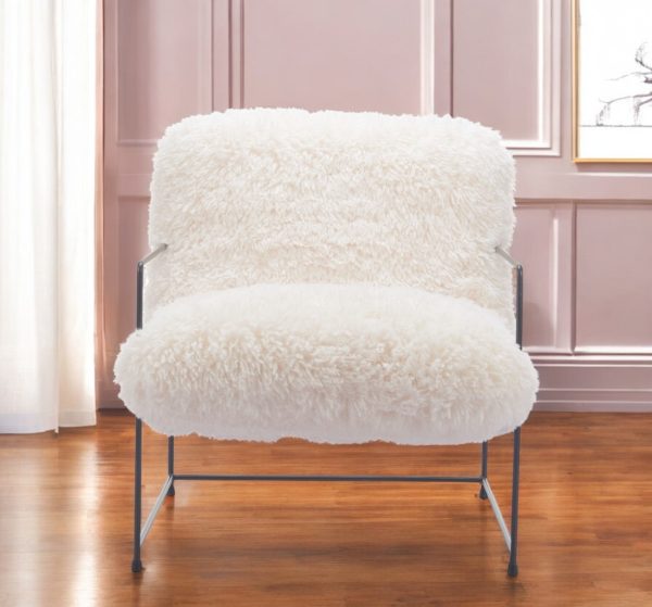 30" White And Black Sherpa And Upholstered Arm Chair - Image 2