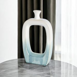 14" Aqua And White Ombre Ceramic Table Vase
