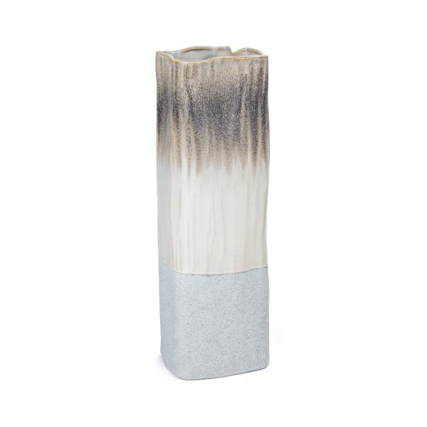 16" Brown Light Blue And Off White Color Block Square Ceramic Table Vase - Image 2