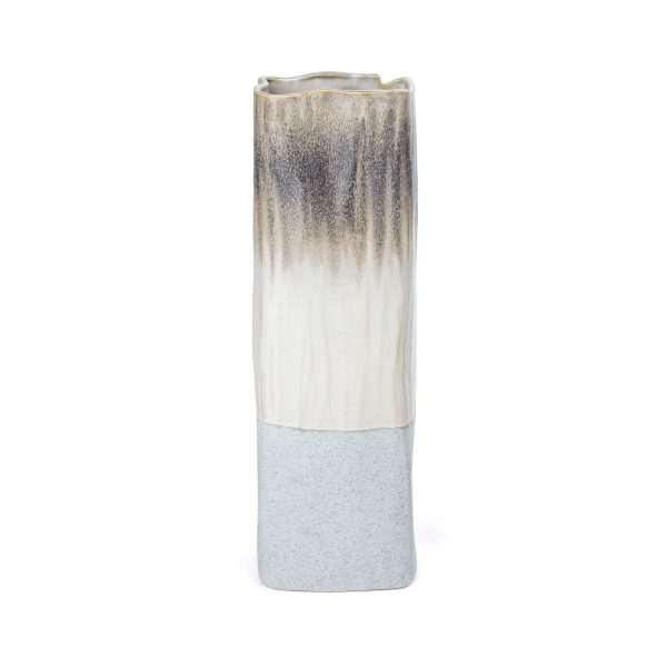 16" Brown Light Blue And Off White Color Block Square Ceramic Table Vase - Image 3
