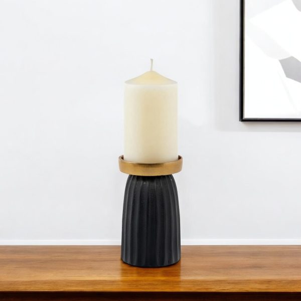 6" Black And Gold Striped Aluminum Tabletop Pillar Candle Holder