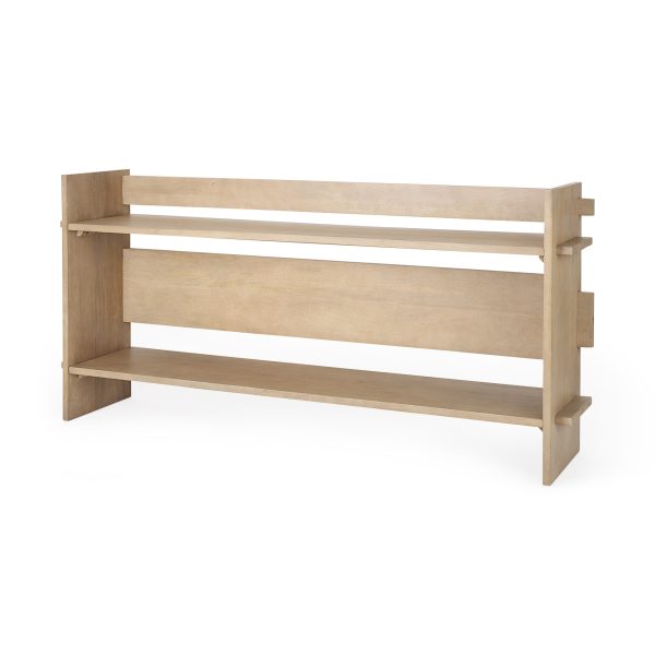 76" Natural and Brown Solid Wood Sled Console Table With Two Shelves - Image 2