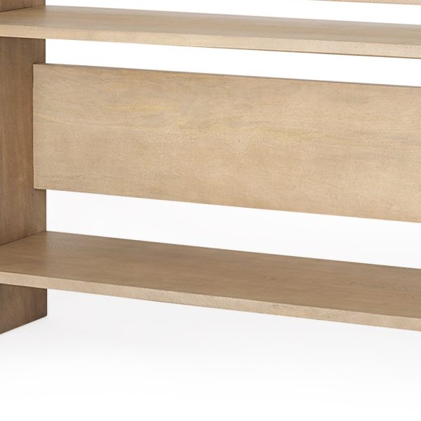 76" Natural and Brown Solid Wood Sled Console Table With Two Shelves - Image 3