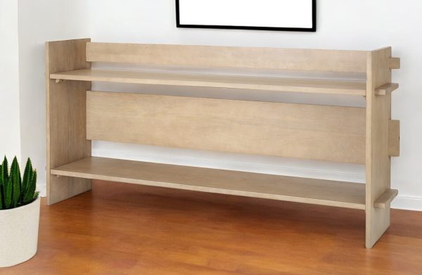 76" Natural and Brown Solid Wood Sled Console Table With Two Shelves