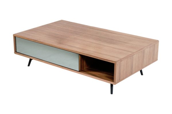 13" Walnut Veneer  Metal  And Glass Coffee Table