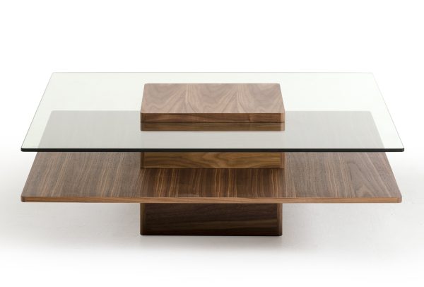 39" Clear and Brown Glass and Wood Pedestal Coffee Table With Shelf - Image 3