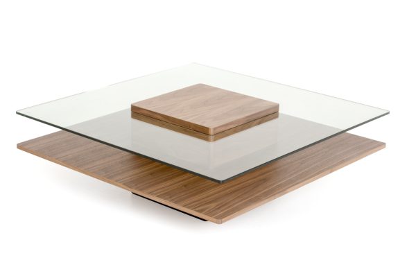 39" Clear and Brown Glass and Wood Pedestal Coffee Table With Shelf - Image 2