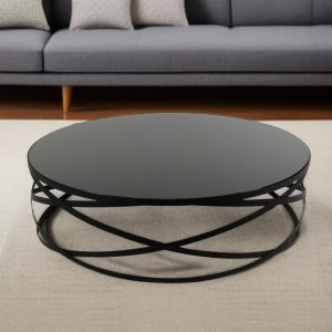 43" Black Glass And Iron Round Modern Geometric Base Coffee Table
