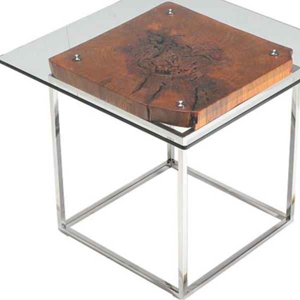 20" Wood  Steel  And Glass Tree Root End Table - Image 3