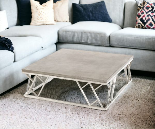 39" Dark Gray and Silver Concrete And Steel Square Abstract Coffee Table - Image 2
