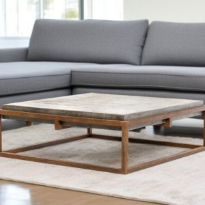 42" Dark Gray and Rust Concrete And Iron Square Abstract Coffee Table